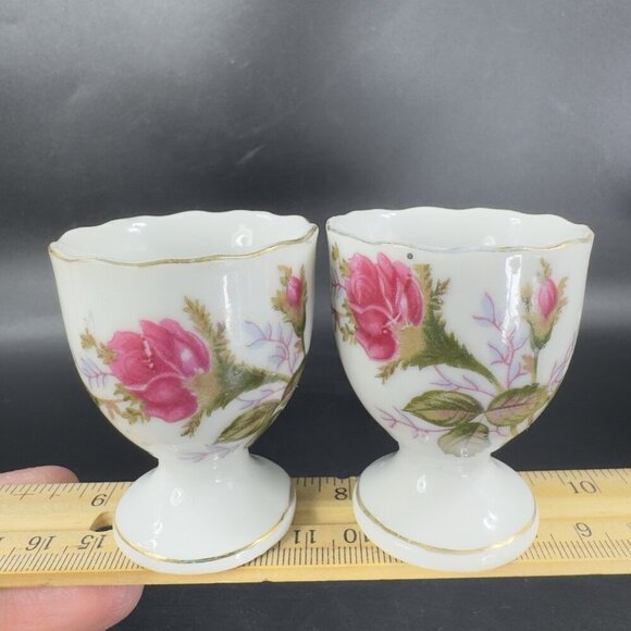 Vintage Fine Porcelain Egg Cup Holder Set 2 Gold Trim Floral Pattern Made Japan - Picture 7 of 10